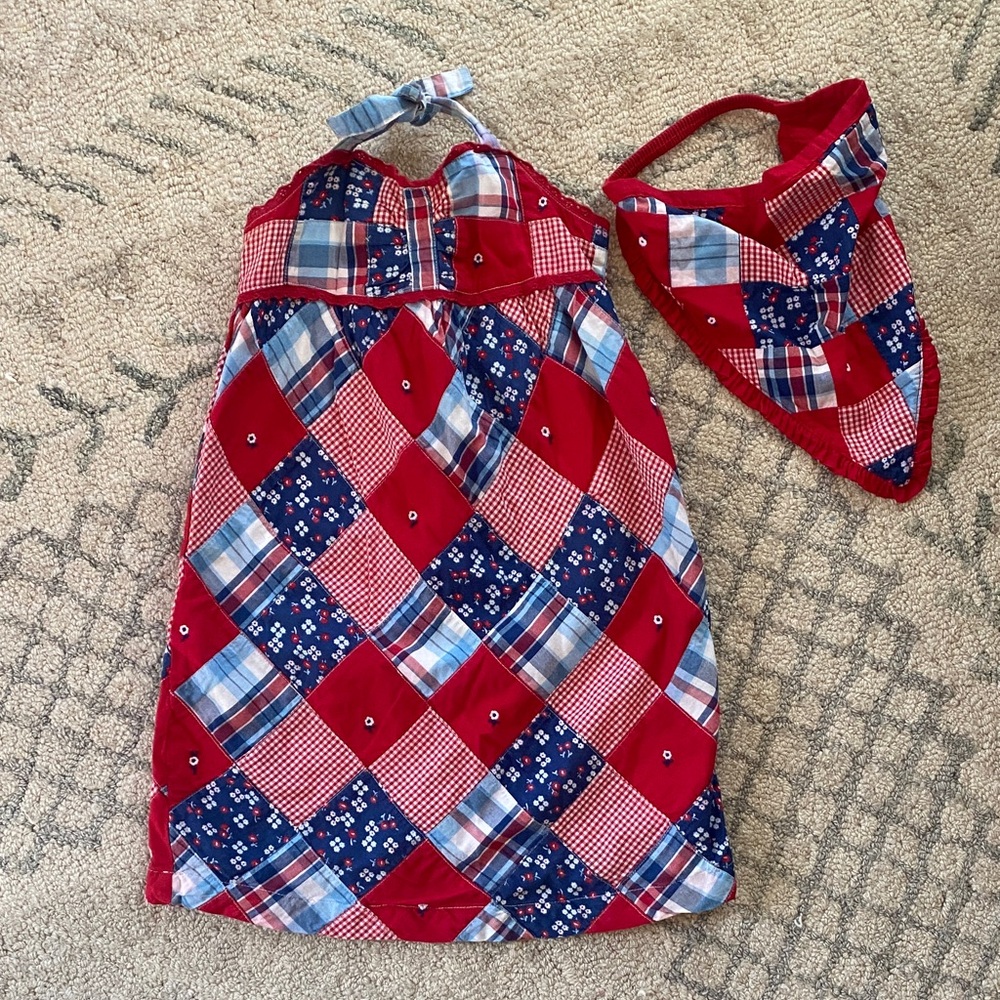 Janie & Jack 4T Red and Blue Patchwork Dress with Matching Bandana